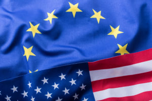 EU and USA. Euro flag and USA flag.